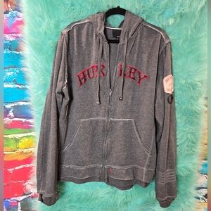 Hurley Gray and Red Front Zip Long Sleeve, Hoodie Jacket Size L